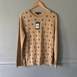 Tommy Hilfiger, crewneck, monogrammed, tan/navy, long sleeve cotton, sweater, L